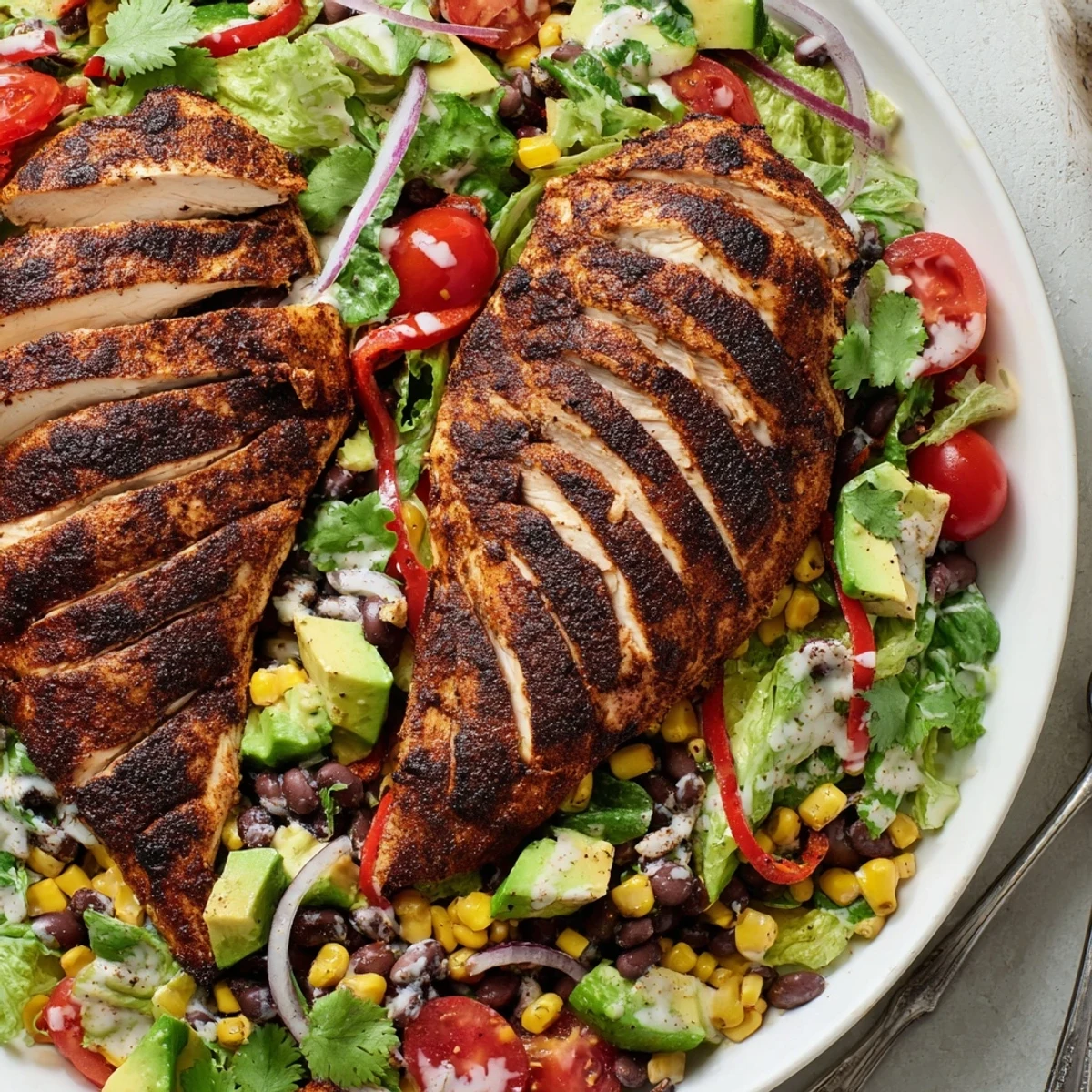 Grilled, juicy sliced chicken atop colorful Southwestern Chicken Salad with zesty dressing