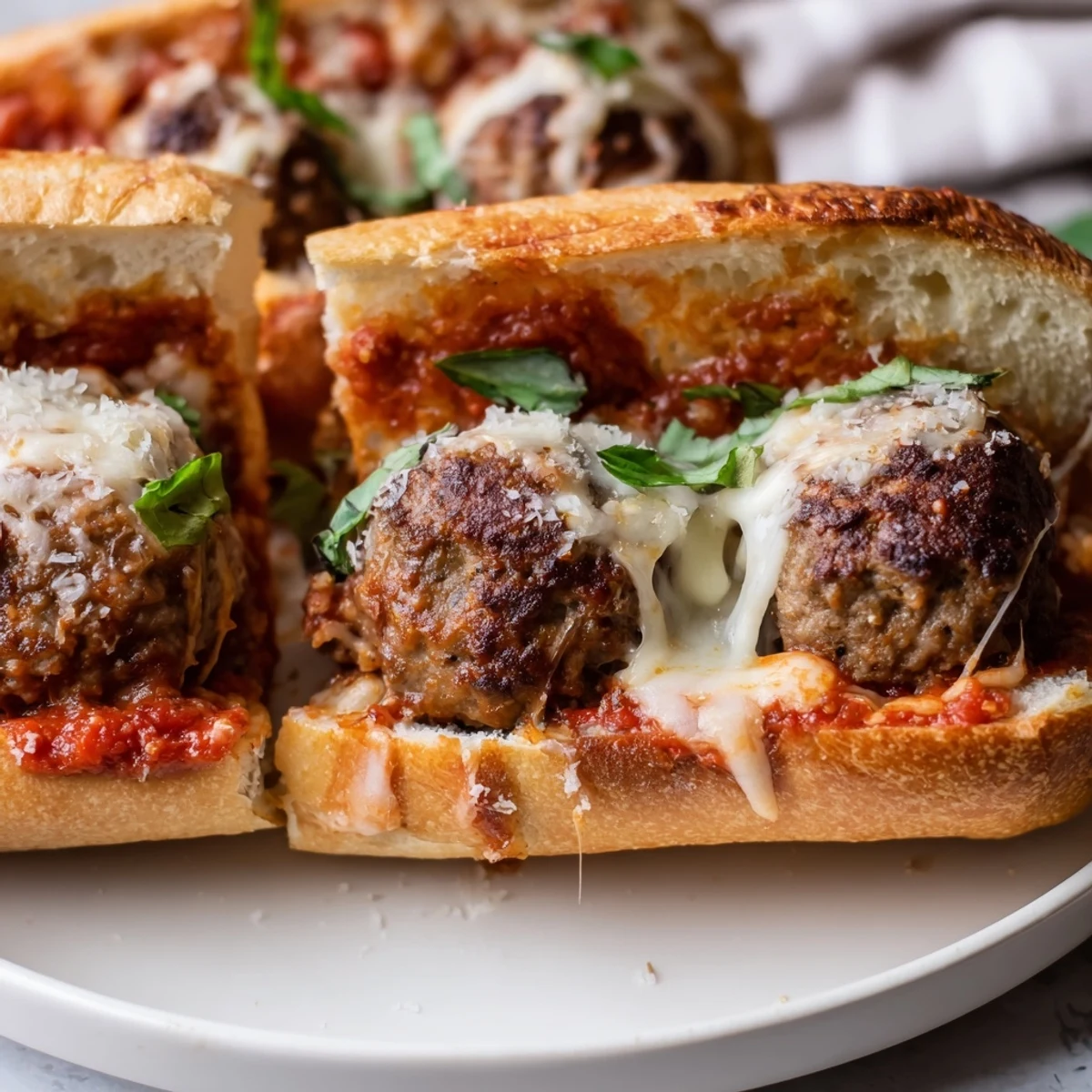 Cheesy Meatball Subs with melted mozzarella, bubbling over toasted golden sub rolls