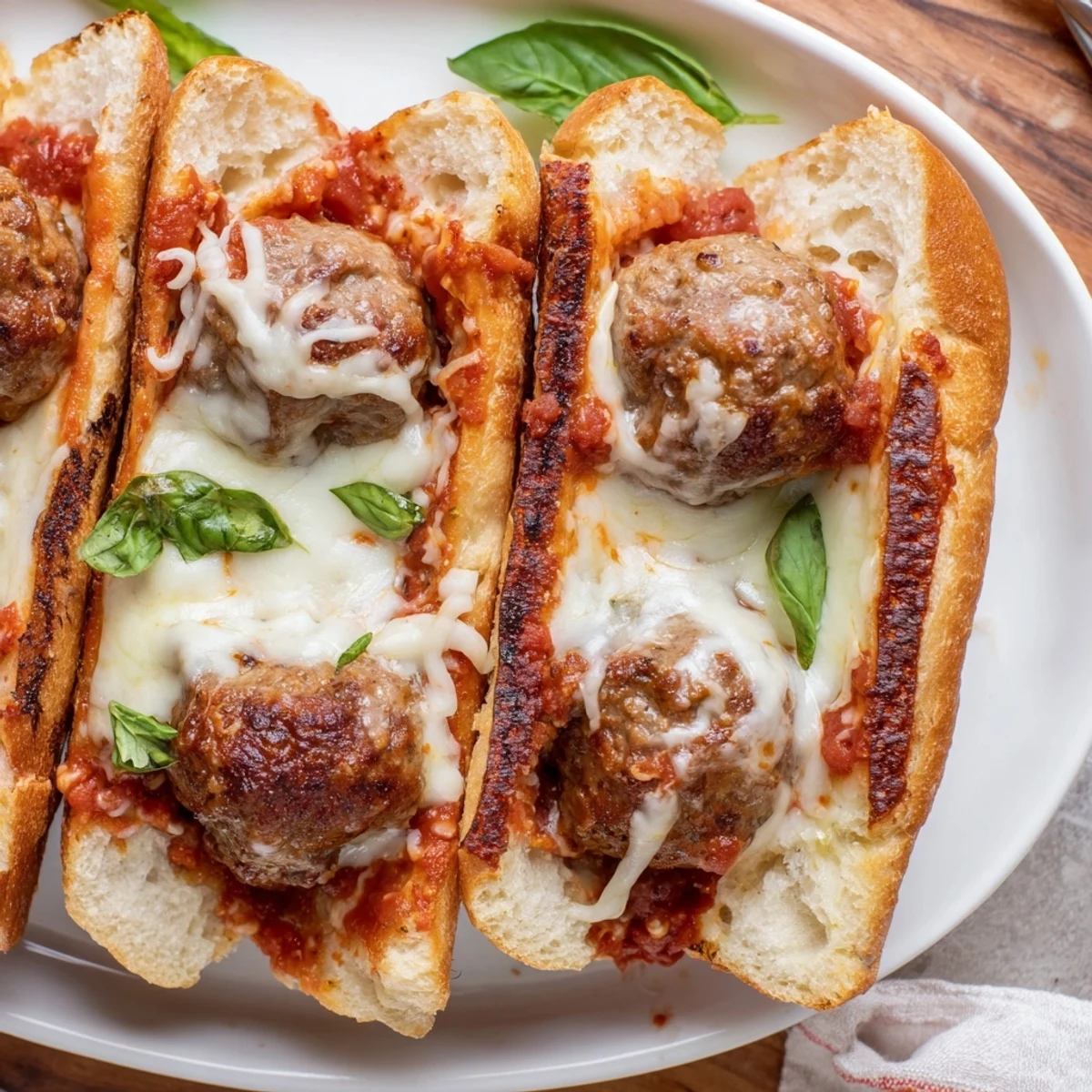 Buttered, toasted roll cradles Cheesy Meatball Subs, juicy meatballs and gooey cheese