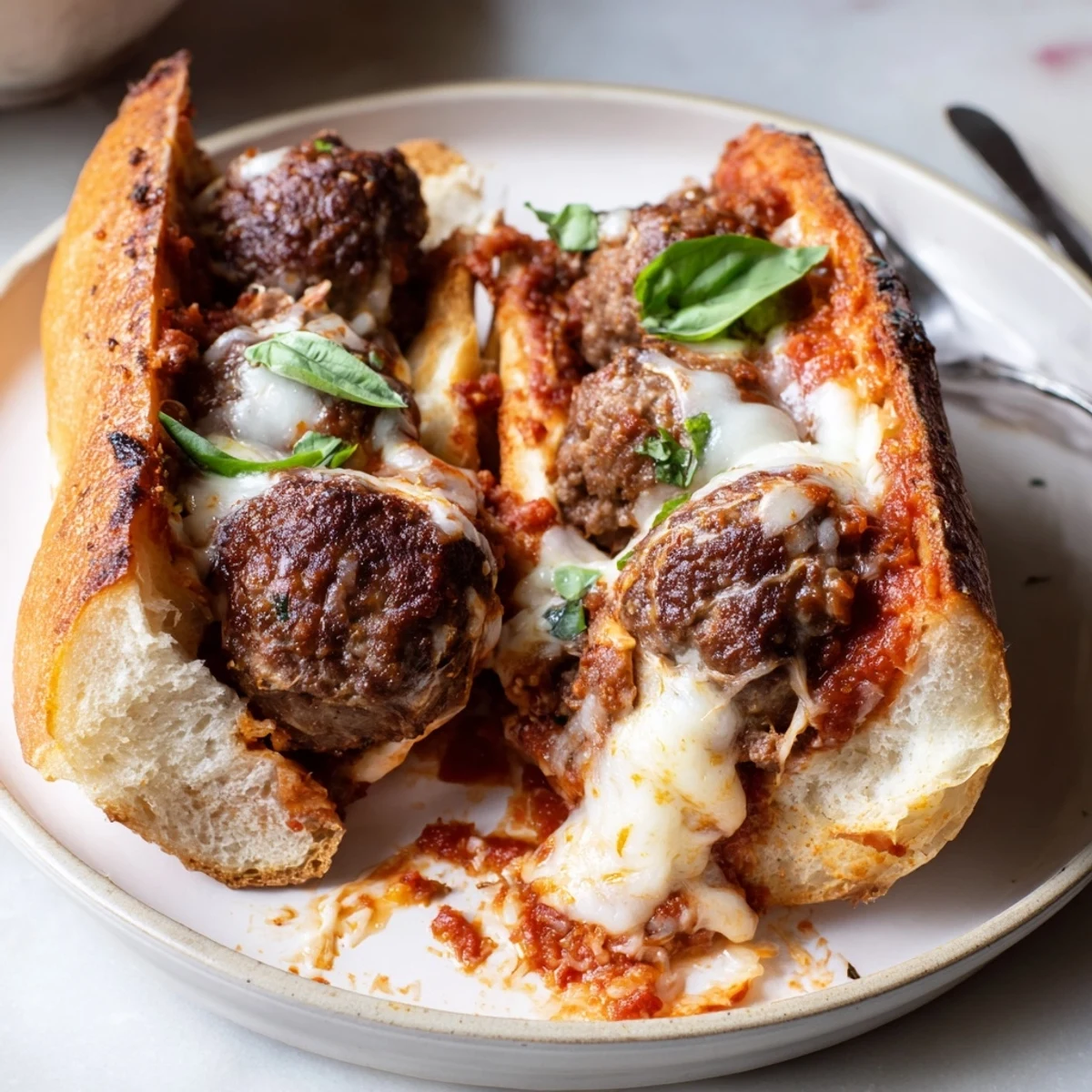 Warm Cheesy Meatball Subs served hot with tangy marinara and fresh basil
