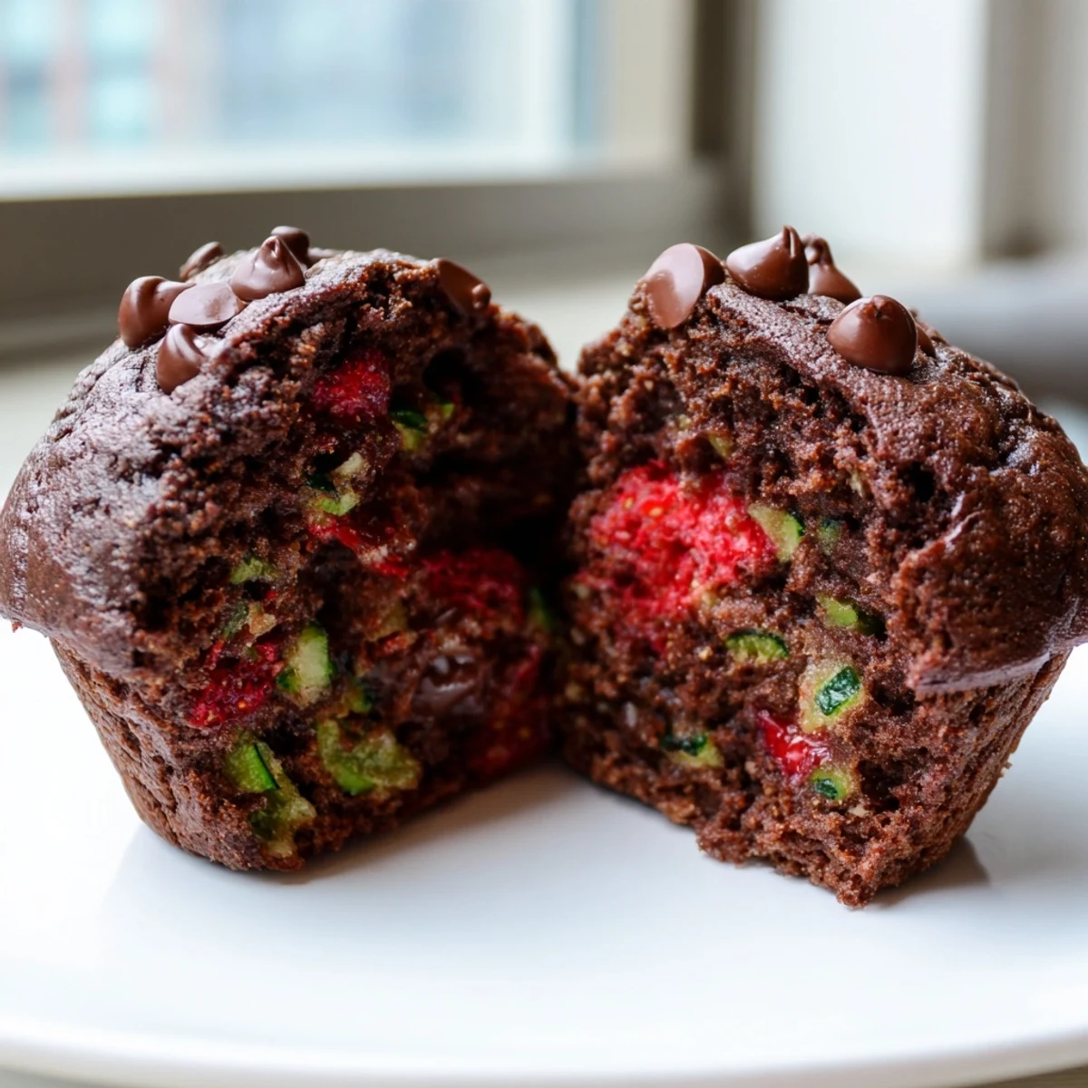 Chocolate zucchini strawberry muffins with rich cocoa tops fresh from the oven