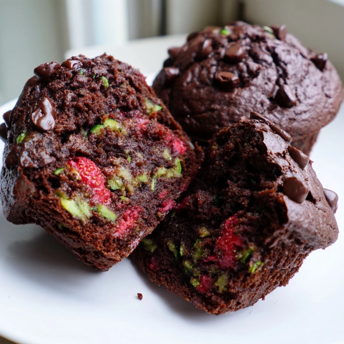 Golden-topped chocolate zucchini strawberry muffins arranged on a cooling rack for breakfast