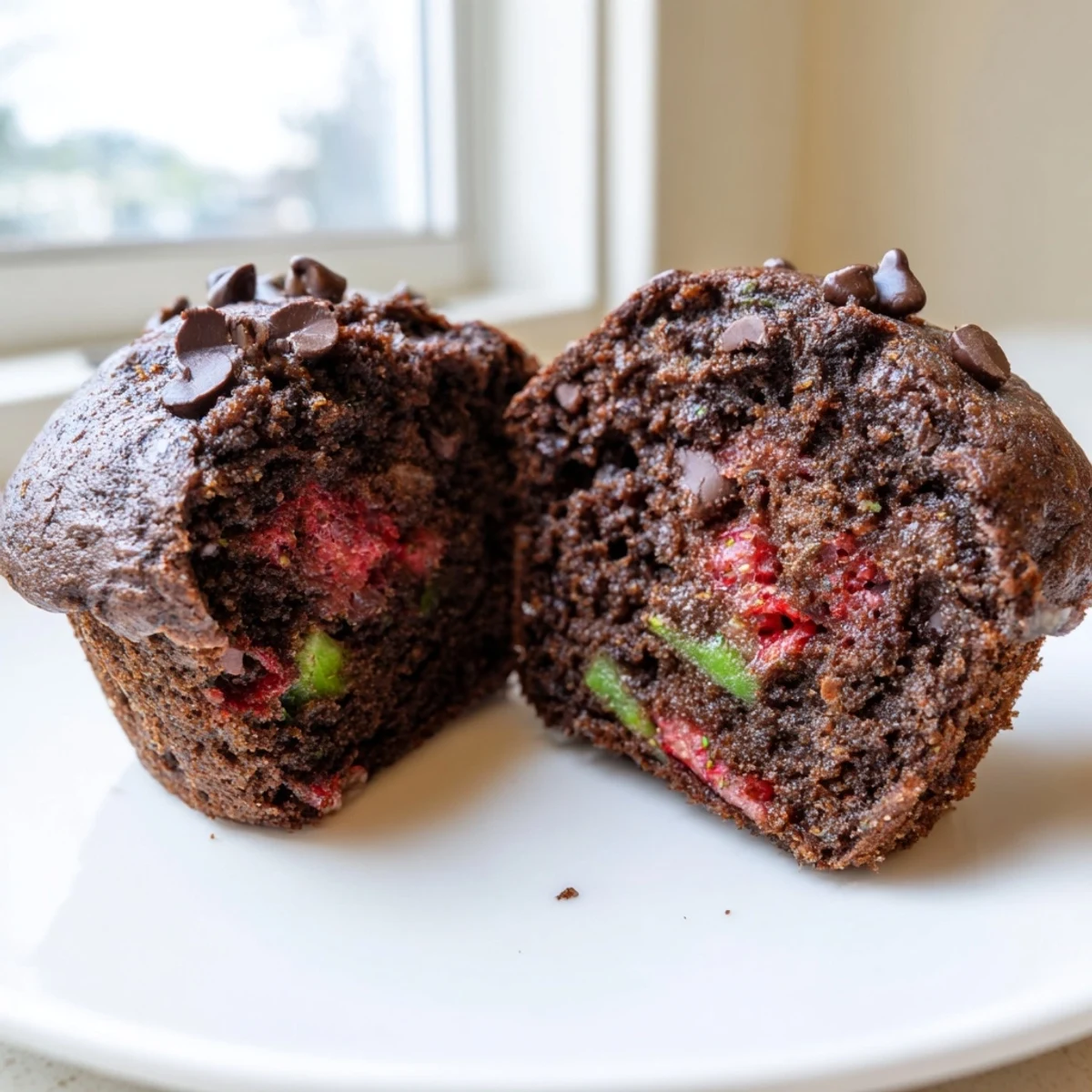 Moist chocolate zucchini strawberry muffins bursting with juicy berries on a rustic plate
