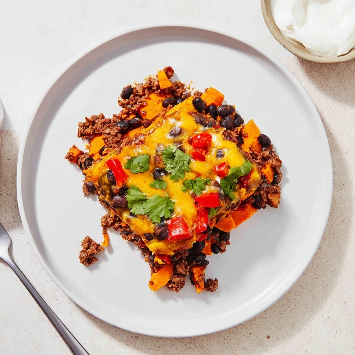 Golden bubbling sweet potato turkey black bean bake topped with melted cheese and fresh cilantro