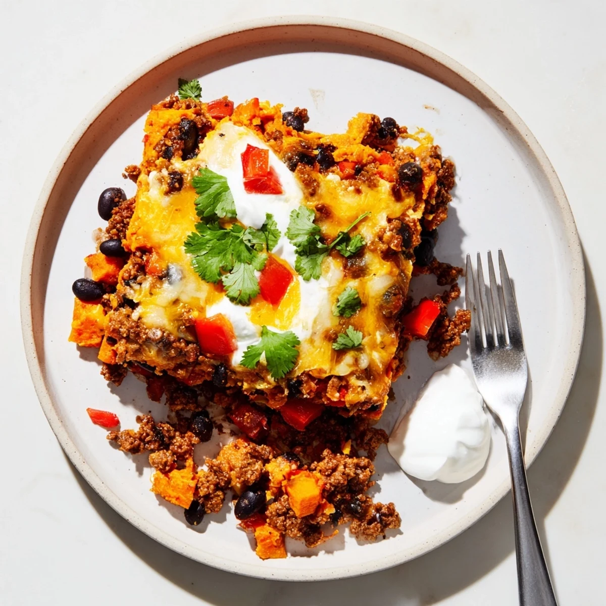 Hearty sweet potato turkey black bean bake served in a rustic casserole dish with sour cream
