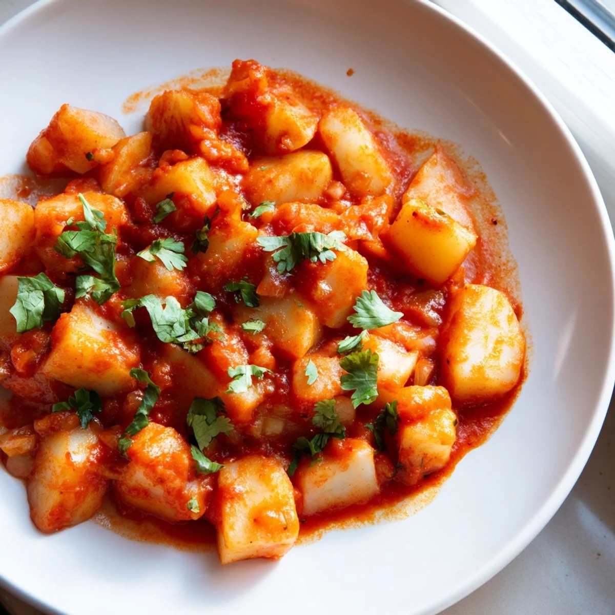 Golden tender potatoes coated in rich chile sauce make this papas con chile irresistible