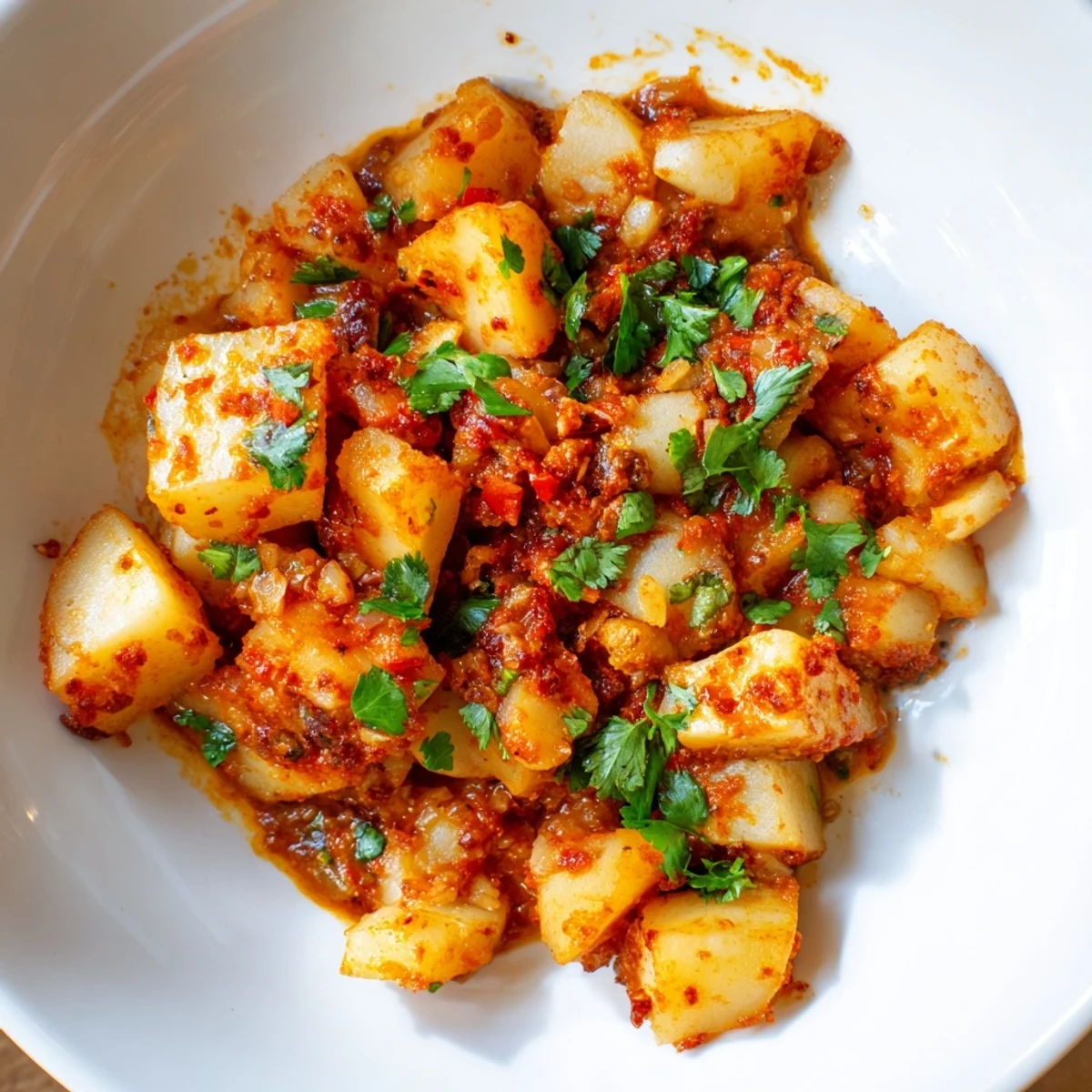 Creamy papas con chile served warm in a rustic bowl with crusty bread alongside