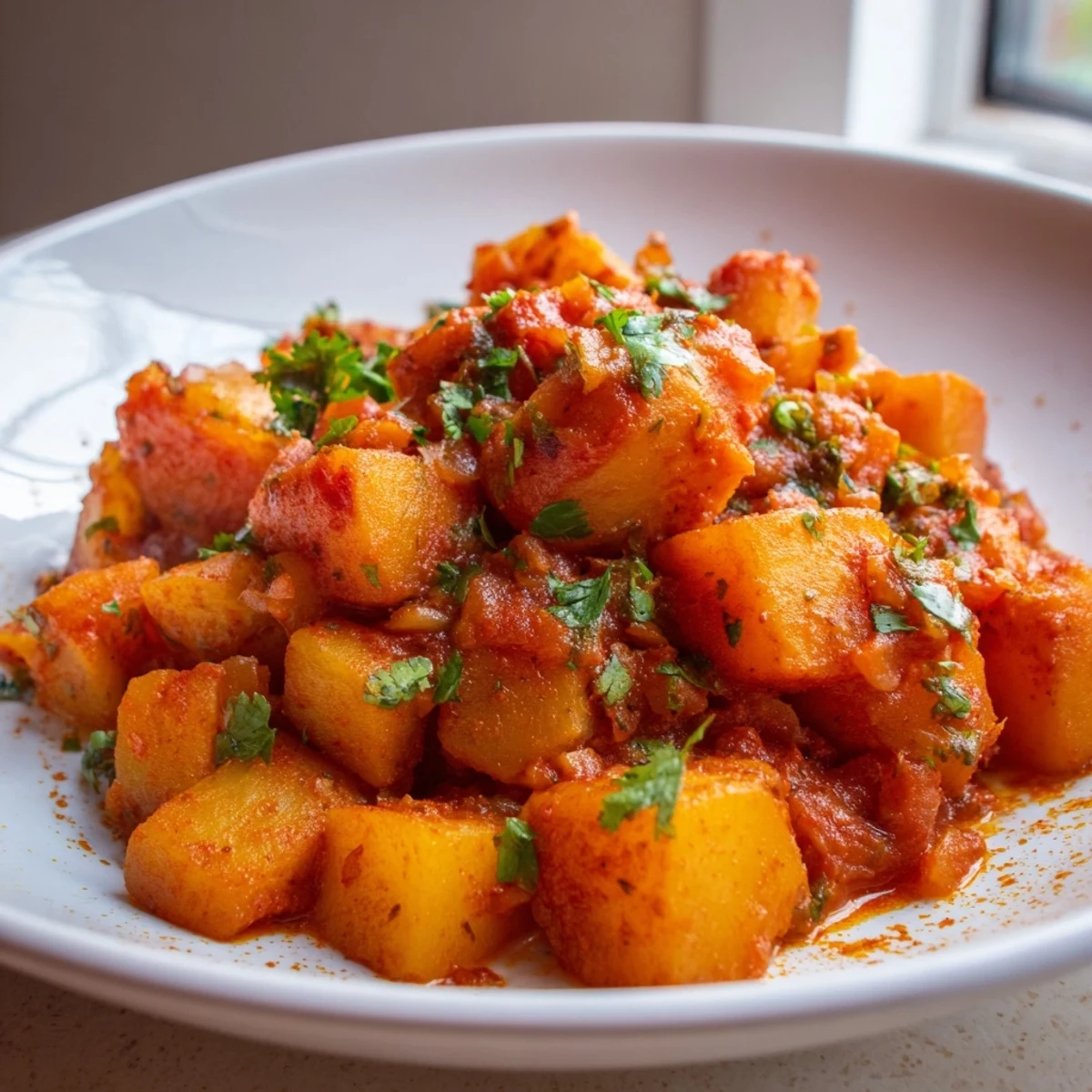 Steaming skillet of papas con chile garnished with bright fresh cilantro and diced tomatoes