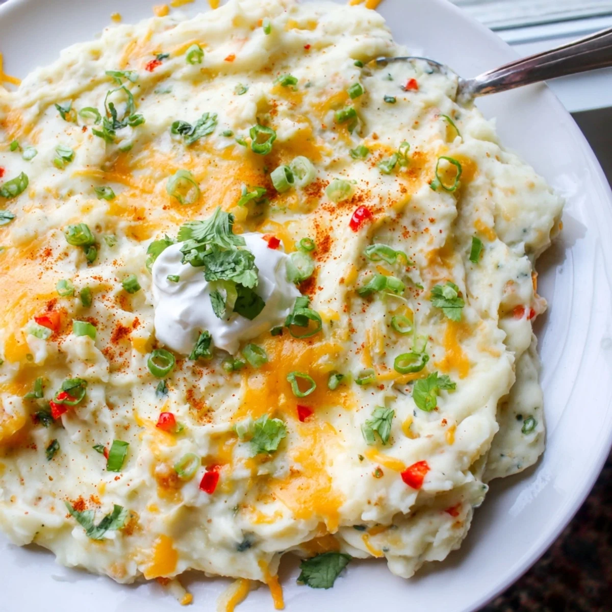 Creamy Tex Mex mashed potatoes topped with cilantro and melted cheddar cheese