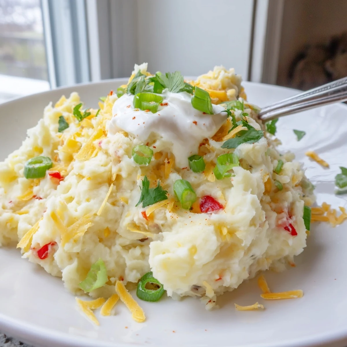 Spicy Tex Mex mashed potatoes in a rustic bowl with fresh garnishes