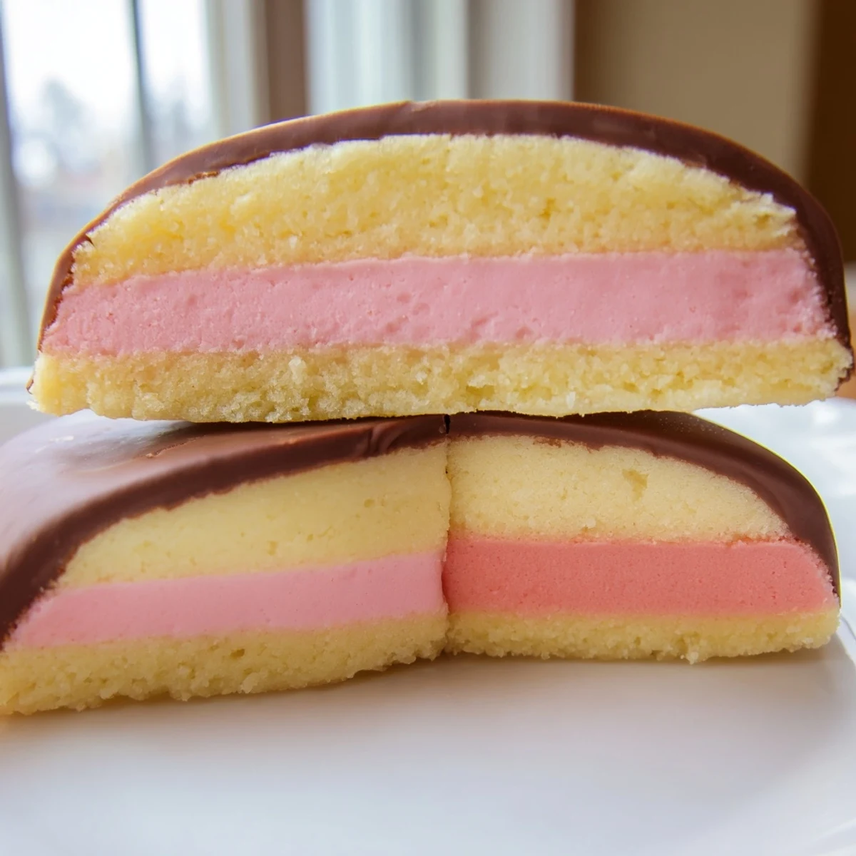 Golden-baked Neapolitan Cookies with swirls of pink, brown, and cream arranged on a rustic white plate