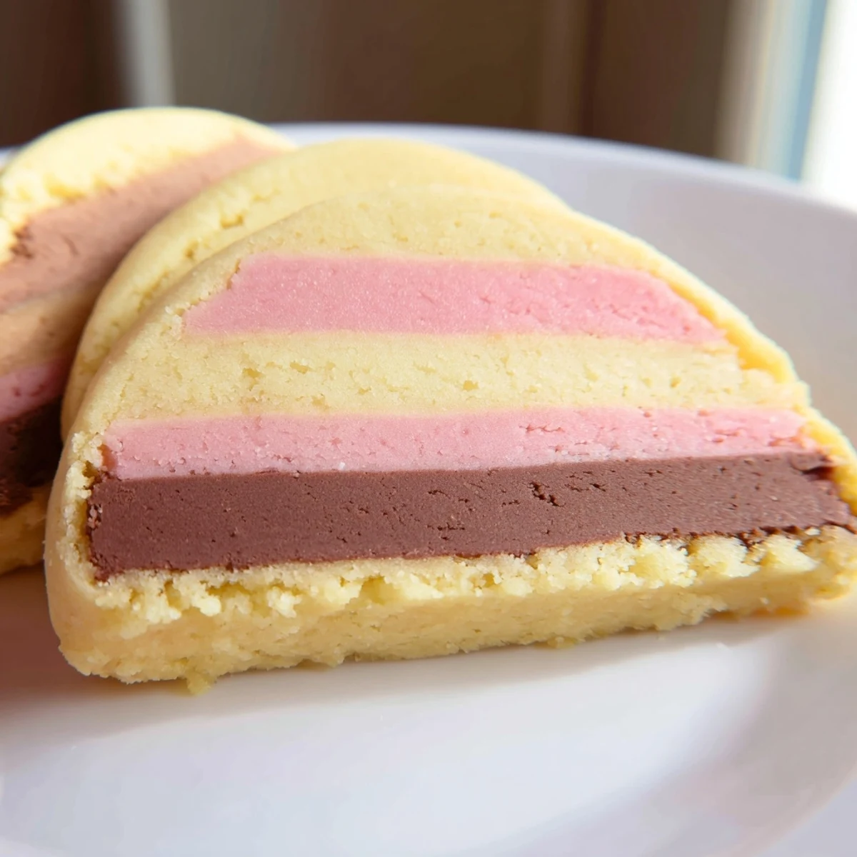 Colorful Neapolitan Cookies sliced to reveal chocolate, vanilla, and strawberry layers on a parchment-lined baking sheet