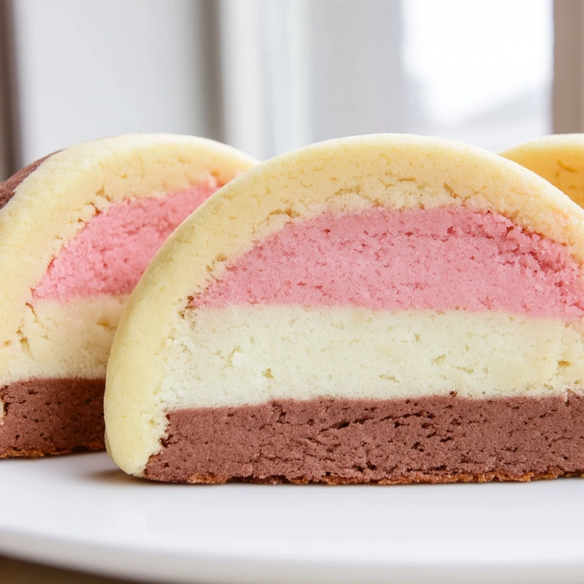 Tri-color Neapolitan Cookies stacked in a tidy row showing buttery chocolate, vanilla, and strawberry dough sections