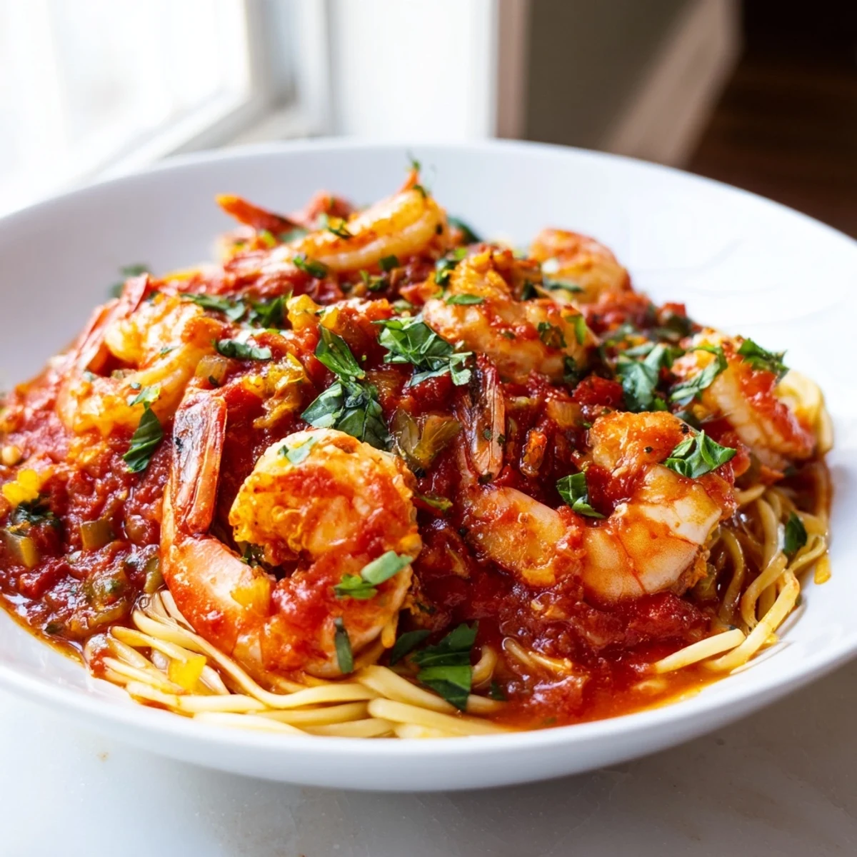 Spicy shrimp fra diavolo bubbling in a rich crushed tomato herb sauce