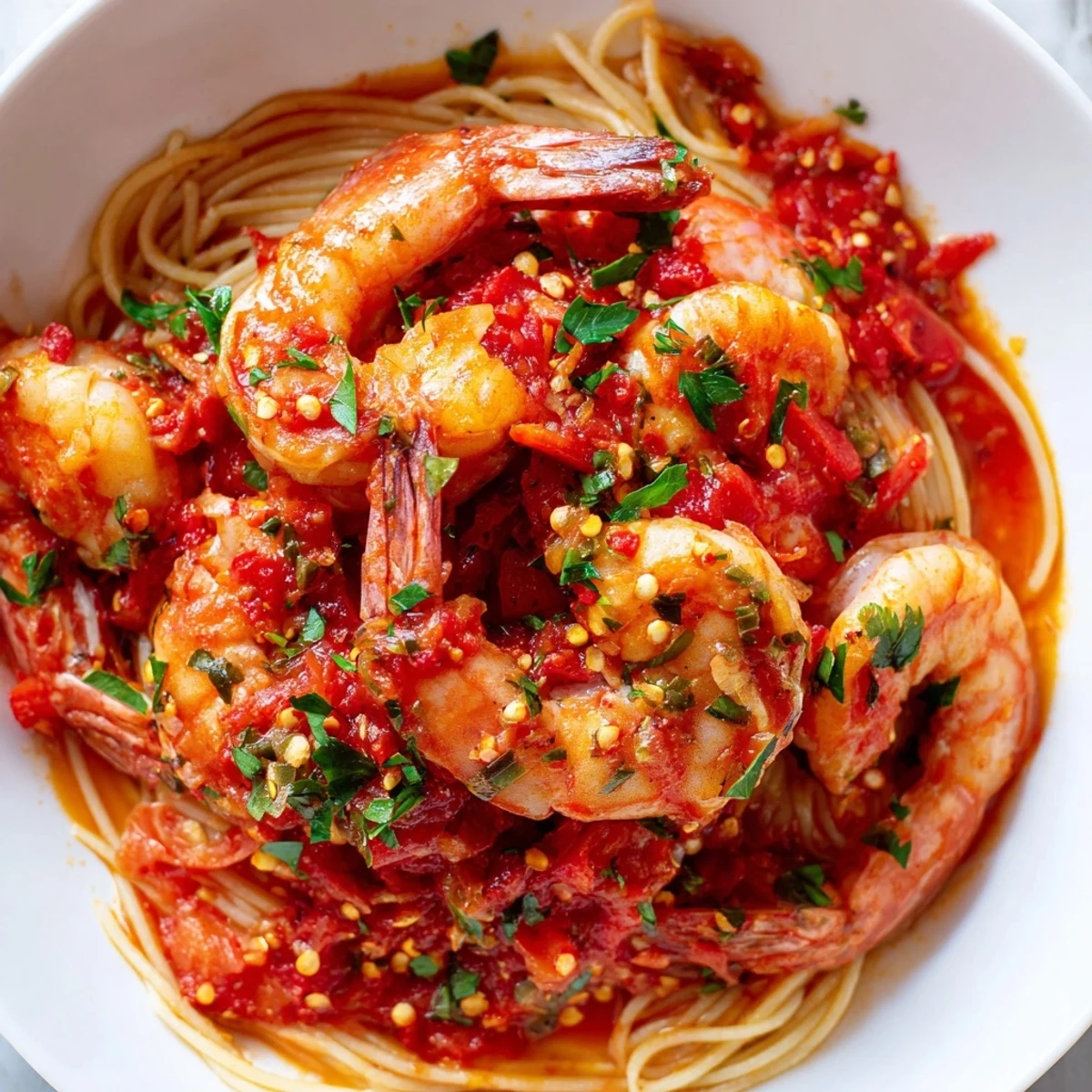 Plump pink shrimp in fiery red tomato sauce served over tender spaghetti strands