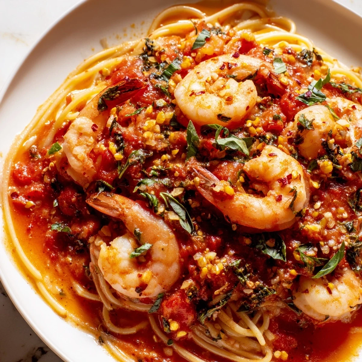 Golden seared shrimp nestled in a vibrant red pepper tomato sauce with fresh parsley