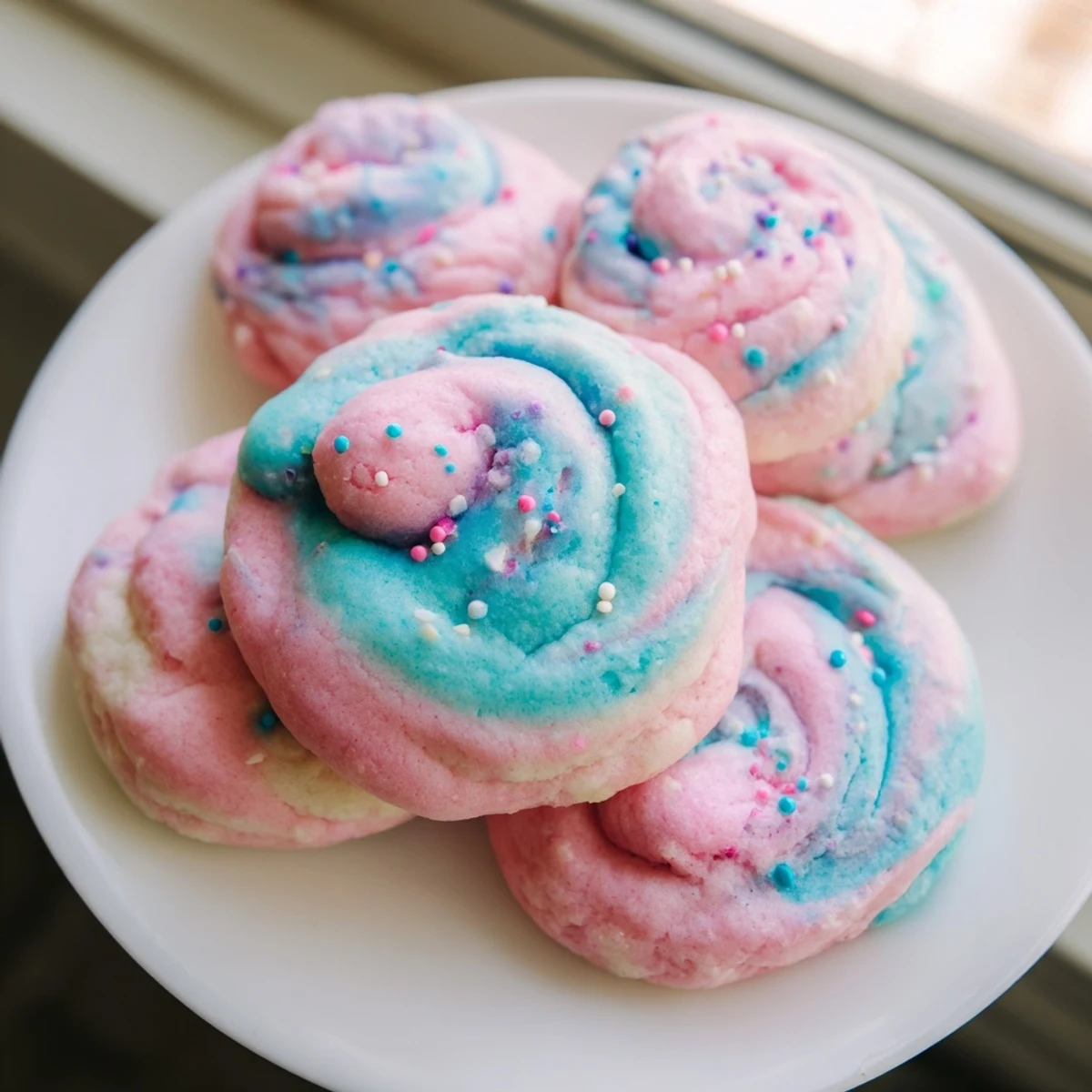 Soft cotton candy cookies with swirled pink and blue pastel dough on a parchment-lined baking sheet