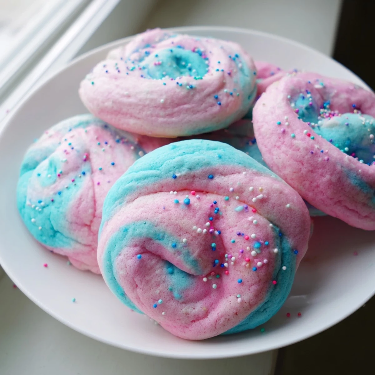 Golden-edged cotton candy cookies featuring marbled pink and blue streaks cooling on a wire rack