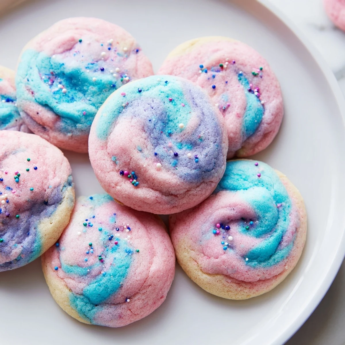 Chewy cotton candy cookies topped with colorful sprinkles arranged on a rustic white serving plate