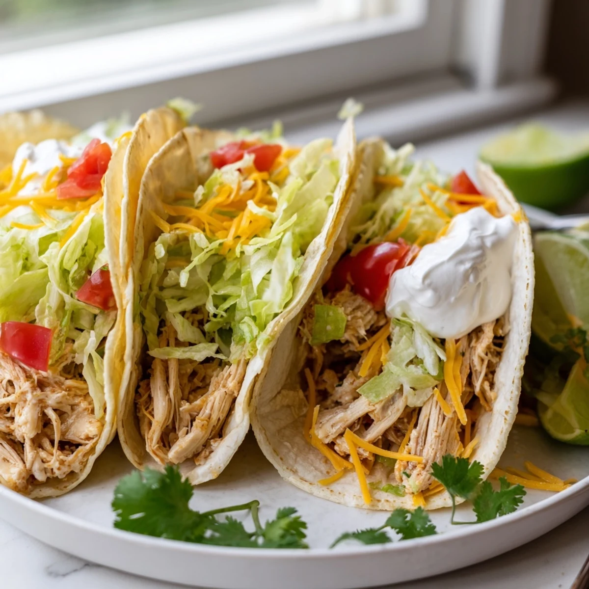 Juicy slow cooker ranch chicken tacos topped with melted cheese and fresh lime wedges