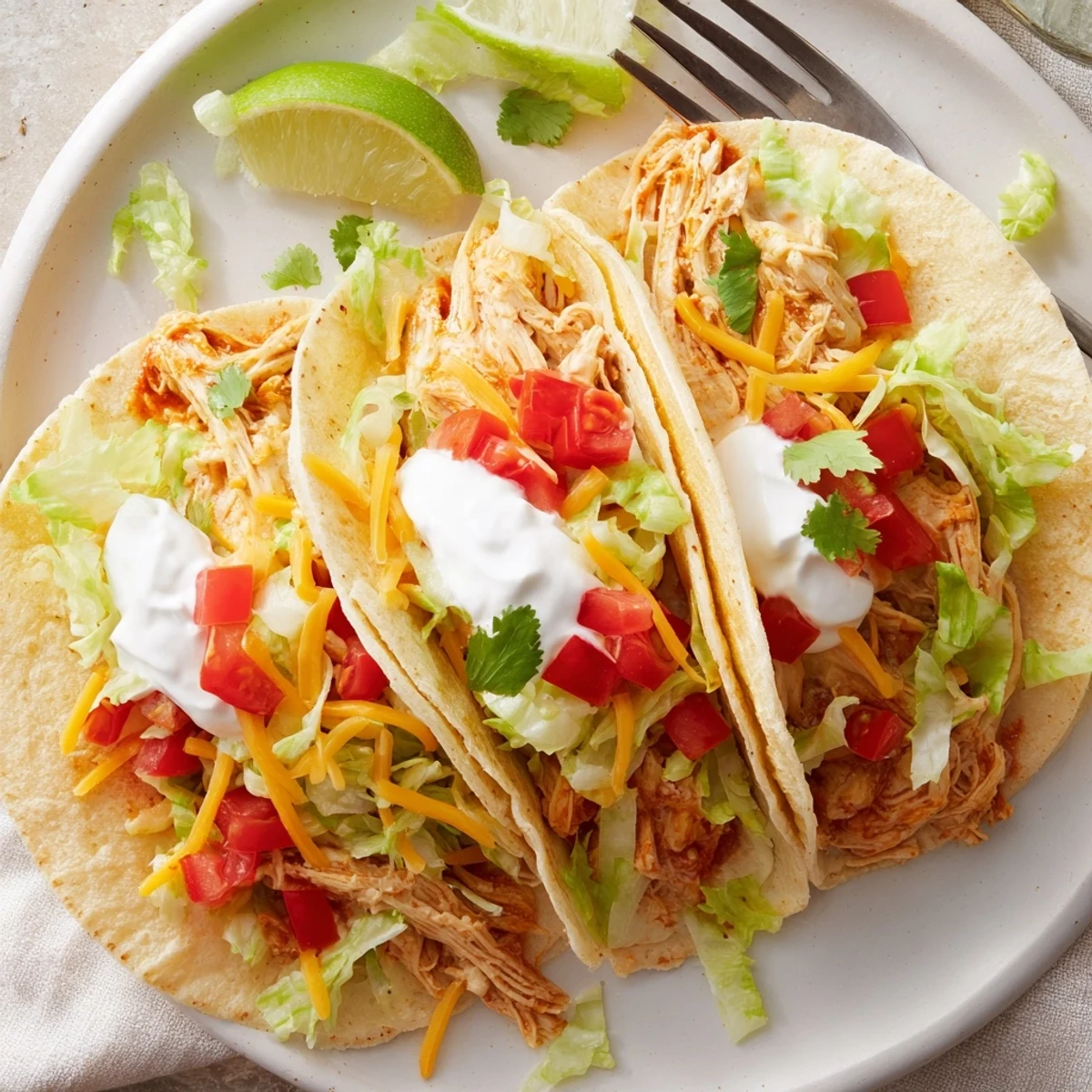 Warm corn tortillas loaded with tender slow cooker ranch chicken tacos and crisp lettuce
