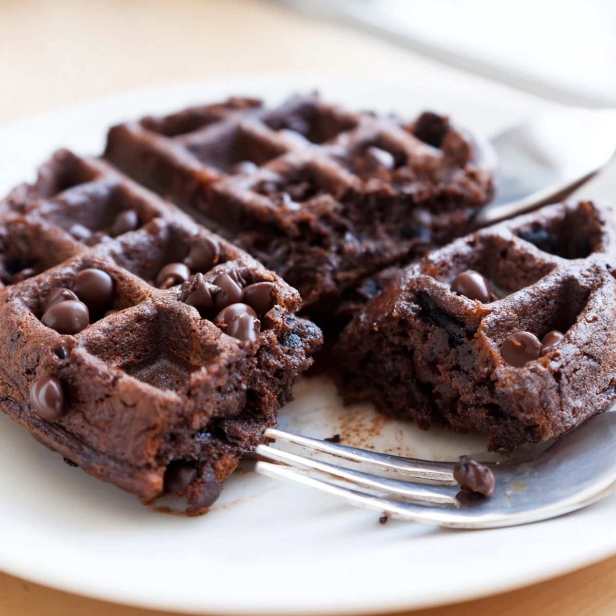 Warm fudgy brownie waffles with melted chocolate chips on a rustic plate