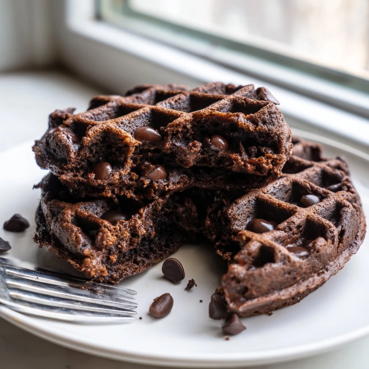 Crisp fudgy brownie waffles drizzled with chocolate sauce and topped with berries