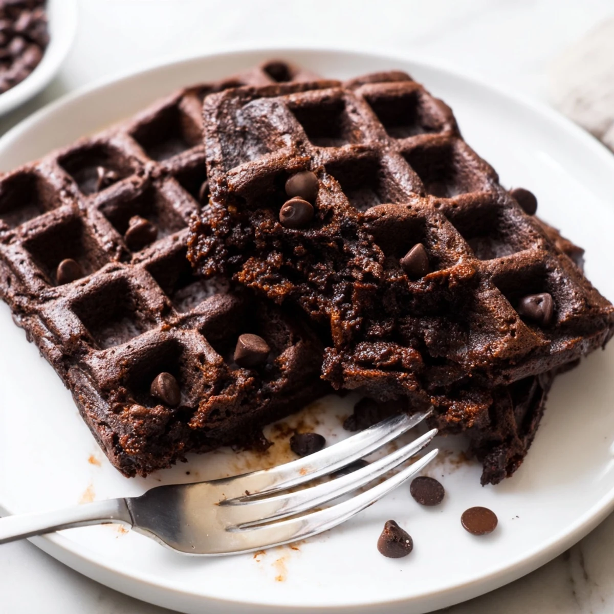 Freshly pressed fudgy brownie waffles served with whipped cream and coffee