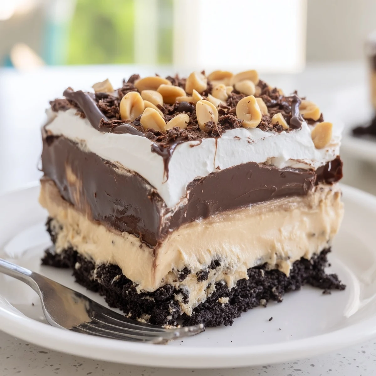 Creamy peanut butter layered delight with rich chocolate ganache and a crunchy cookie crust