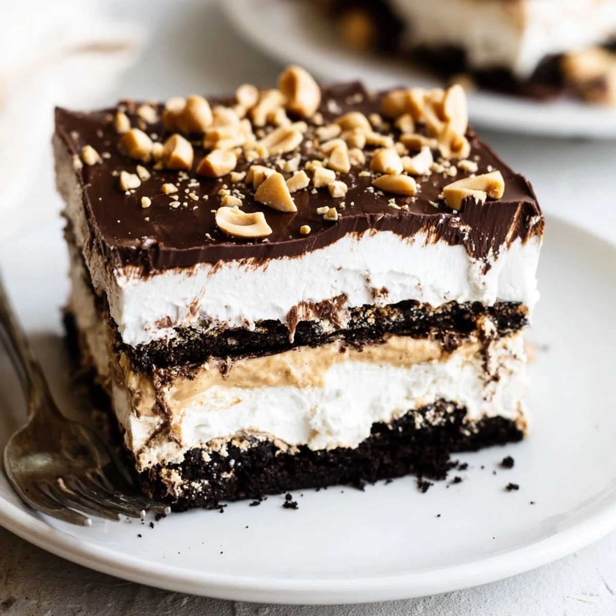 Velvety peanut butter layered delight topped with whipped cream and chopped roasted peanuts