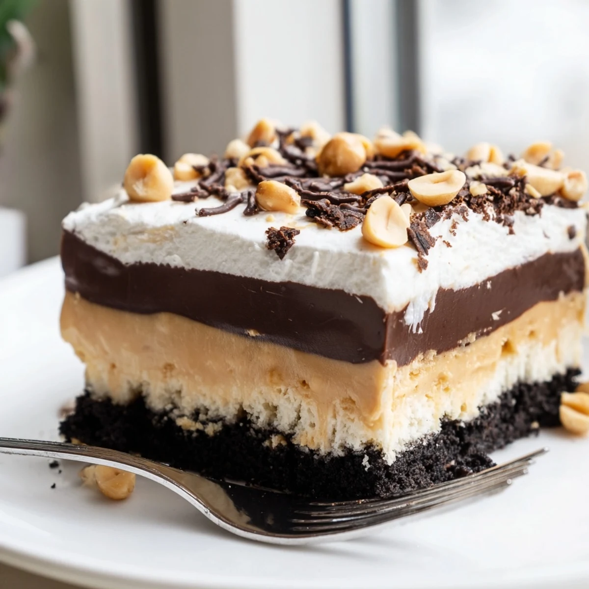 Decadent peanut butter layered delight featuring smooth chocolate and a pressed Oreo cookie base