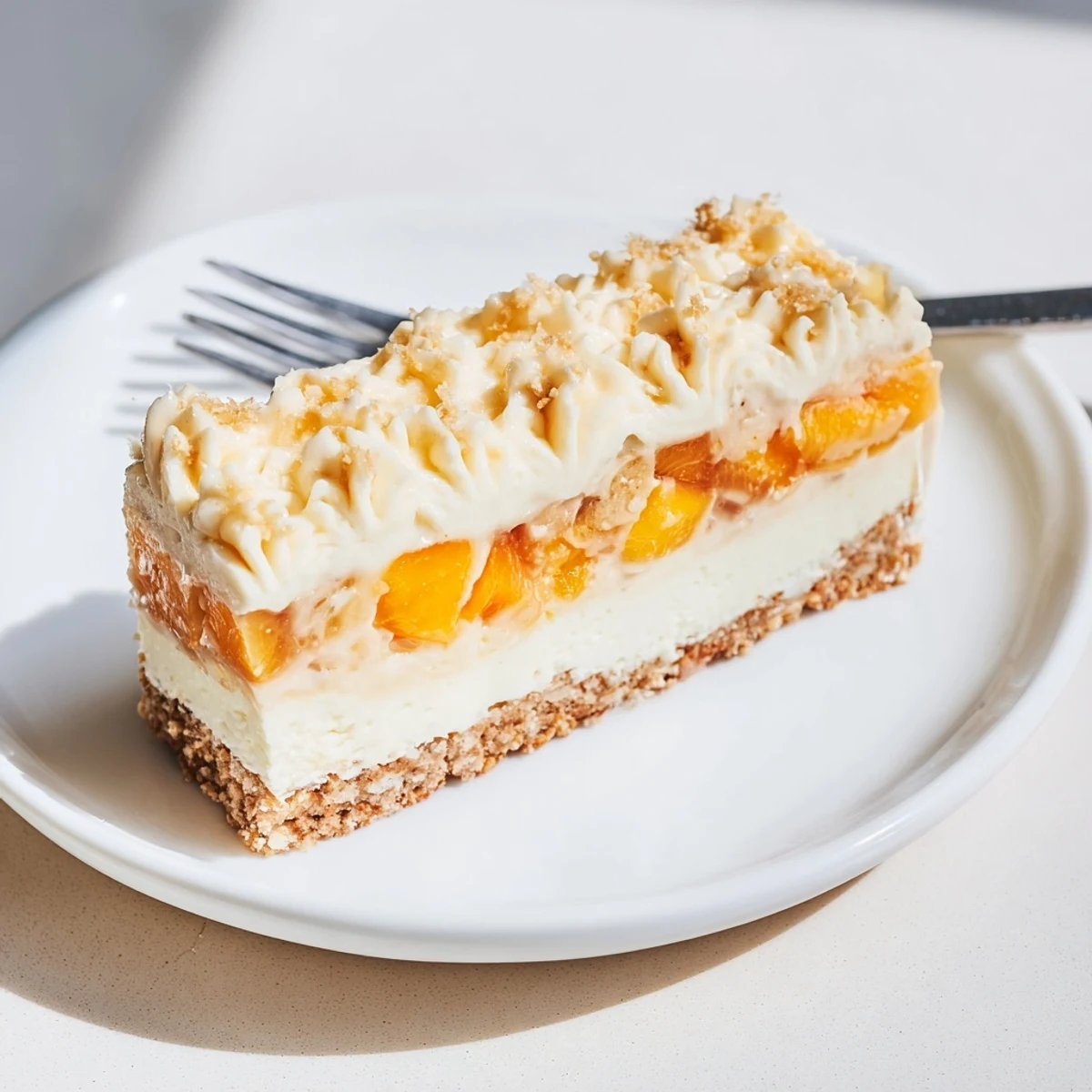 Golden Peaches And Cream Cheesecake Bars with juicy peach topping on a buttery graham crust