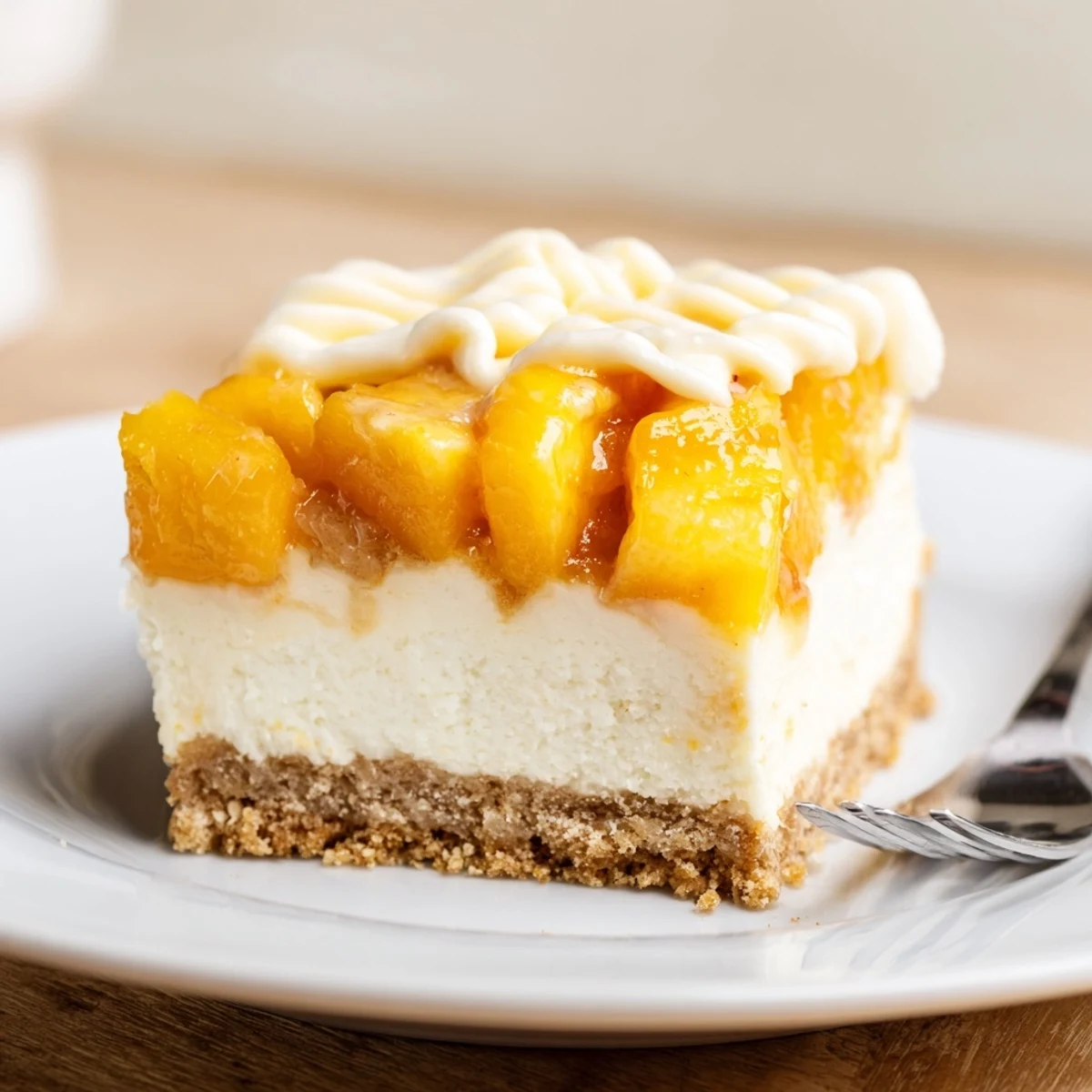 Creamy Peaches And Cream Cheesecake Bars sliced and drizzled with fresh whipped cream