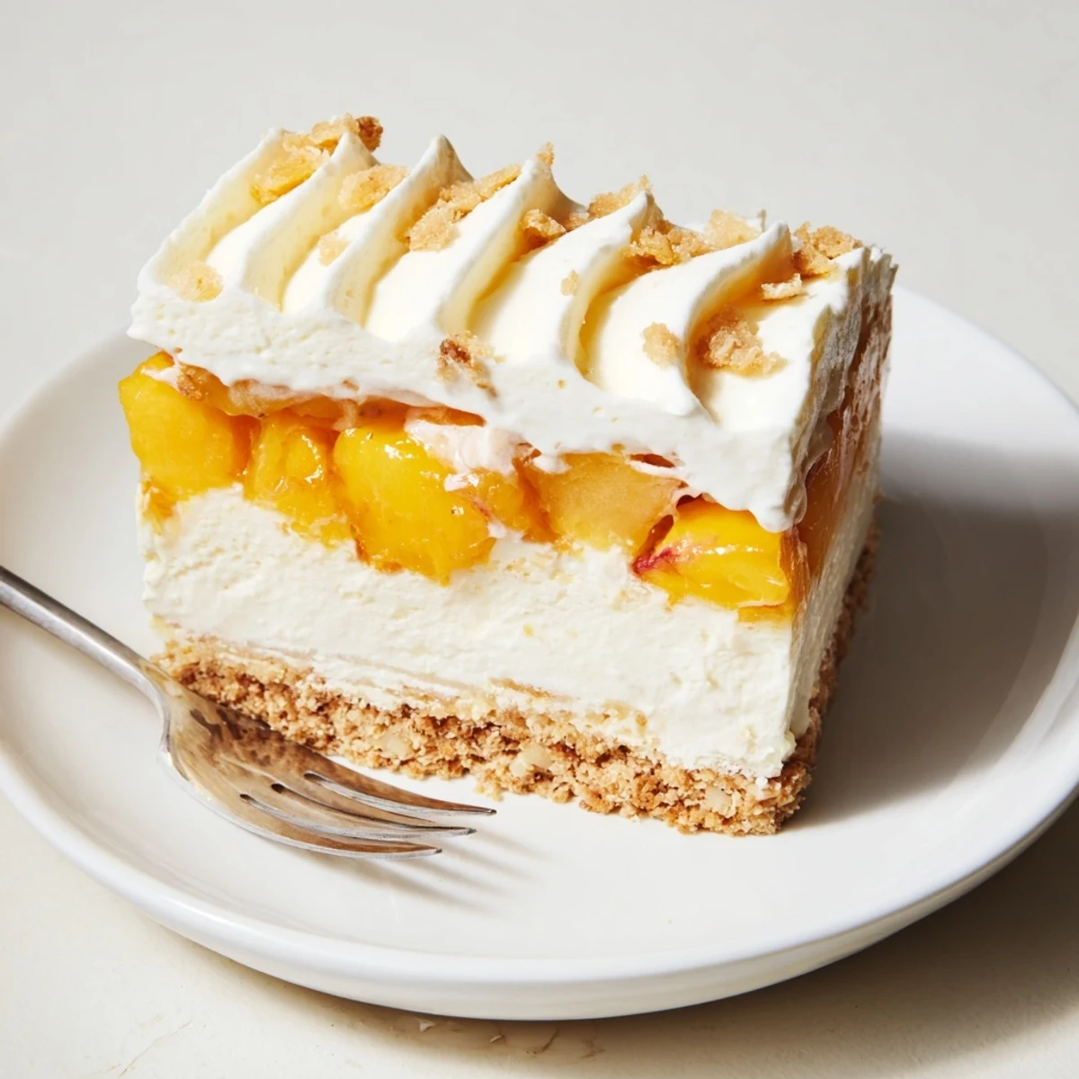 Chilled Peaches And Cream Cheesecake Bars showing layers of velvet cheesecake and sweet ripe peaches