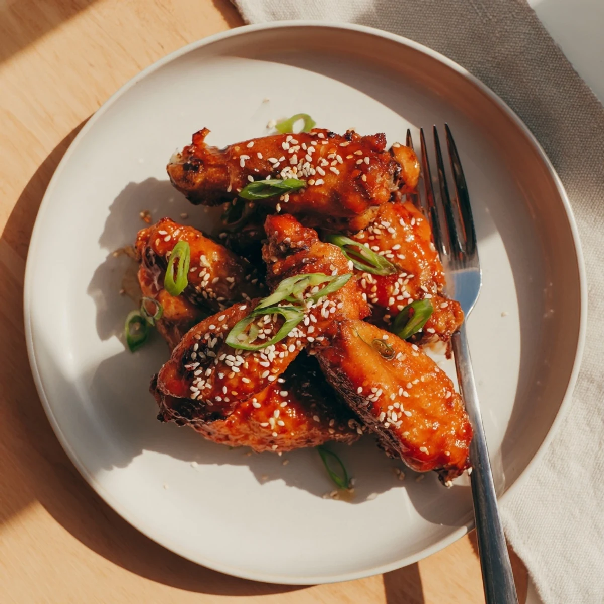 Crispy miso honey marinated chicken wings glazed golden on a rustic baking sheet.