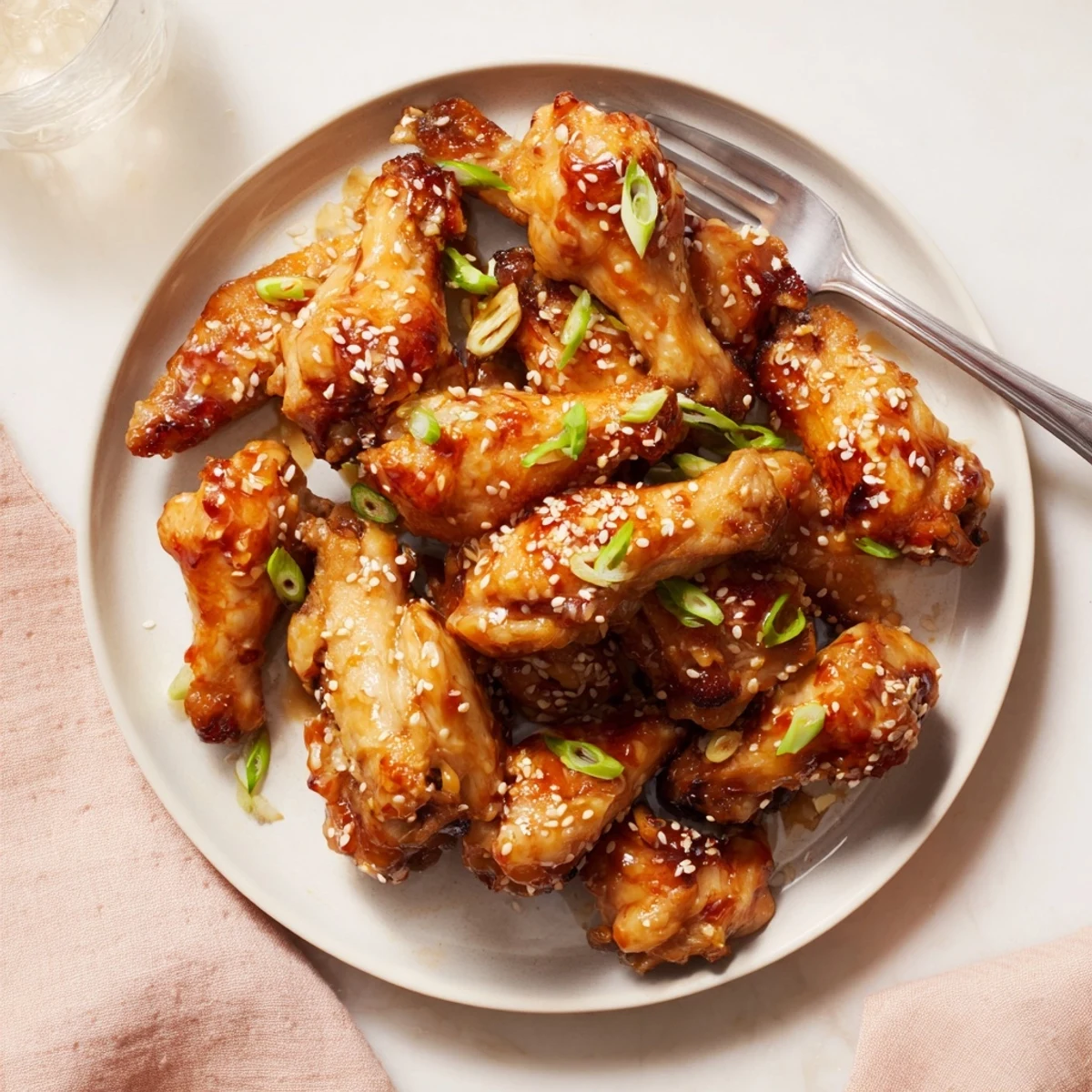 Sticky miso honey marinated chicken wings garnished with sesame seeds and scallions.