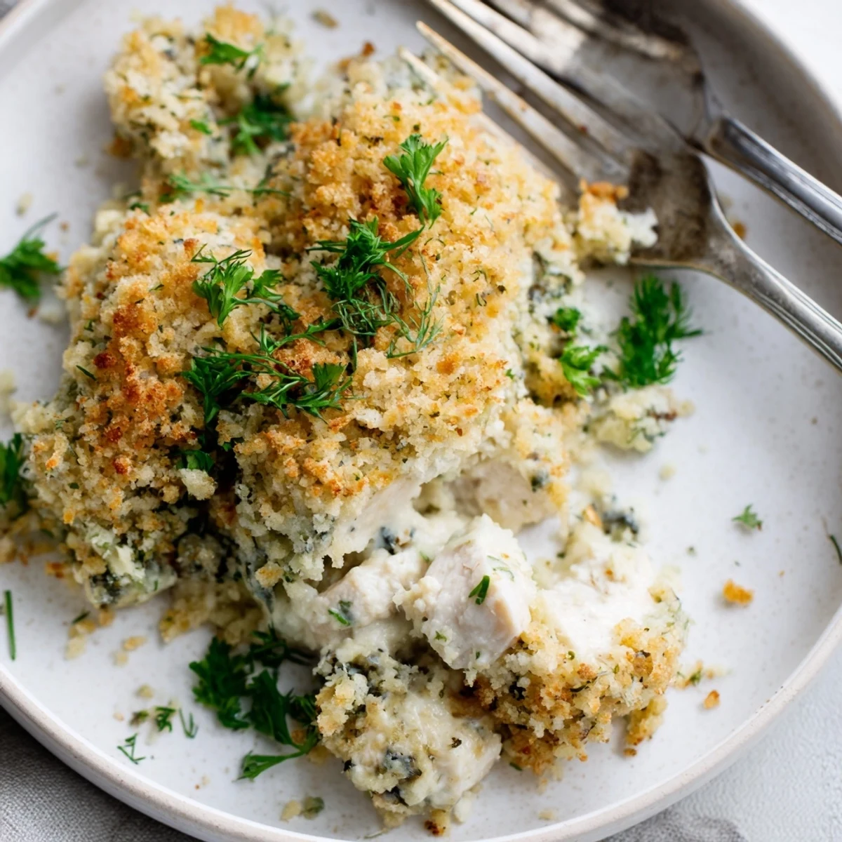 Golden crispy Chicken Kiev Casserole bubbling with creamy garlic herb sauce in a baking dish
