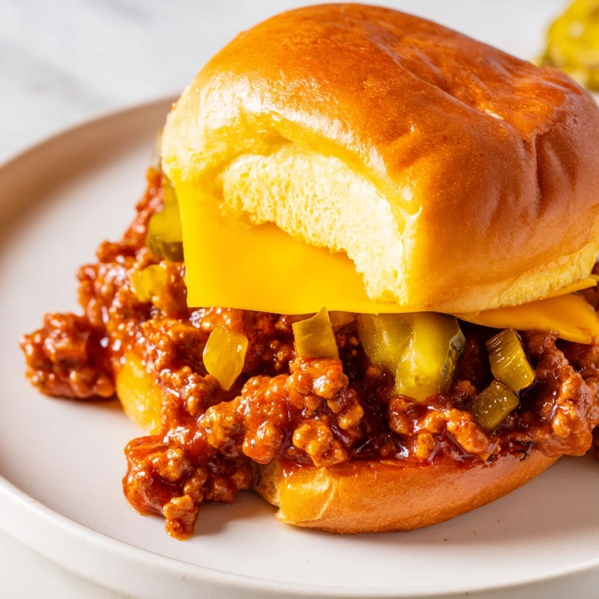Savory smash burger sloppy joes overflowing with tangy sauce and melted cheddar