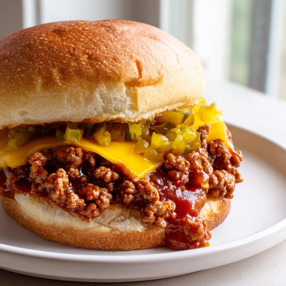 Smash burger sloppy joes piled high with pickles lettuce and melted cheese