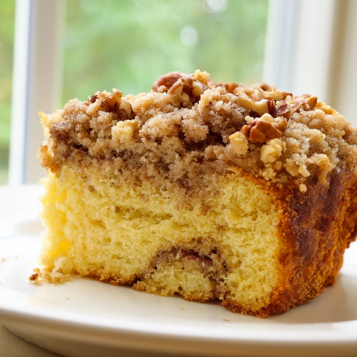Golden cinnamon pecan crunch coffee cake with a crumbly streusel topping fresh from the oven