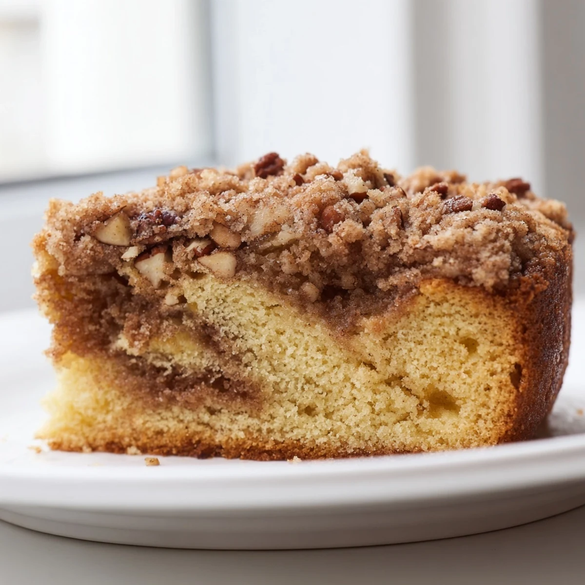 Moist cinnamon pecan crunch coffee cake sliced to reveal tender layers and spiced pecan filling
