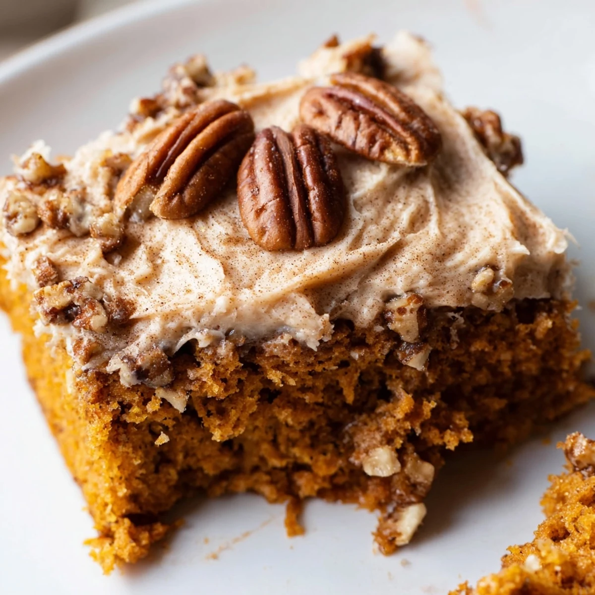 Warm slice of pumpkin pecan cake topped with swirled cinnamon cream cheese icing on a rustic plate