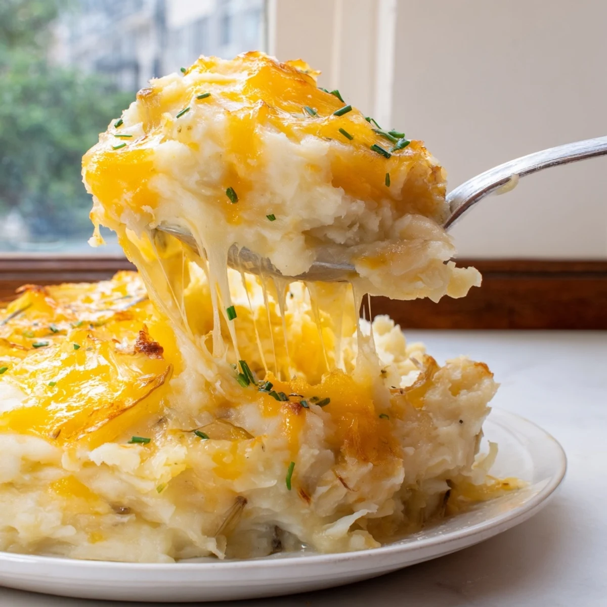 Golden bubbling cheesy onion mashed potato casserole fresh from the oven with melted cheddar