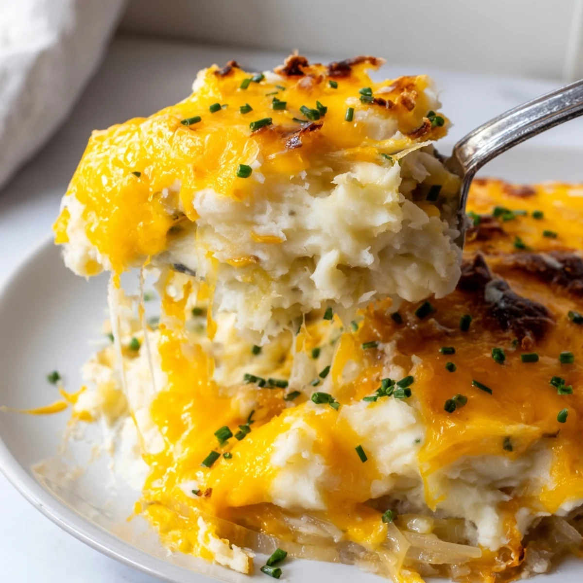 Creamy cheesy onion mashed potato casserole topped with sweet caramelized onions and bubbling cheese