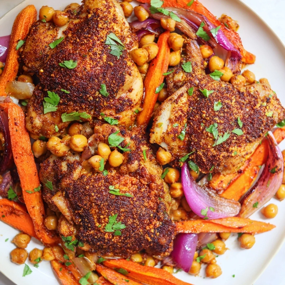 Golden sumac chicken with roasted carrots and chickpeas on a rustic baking sheet