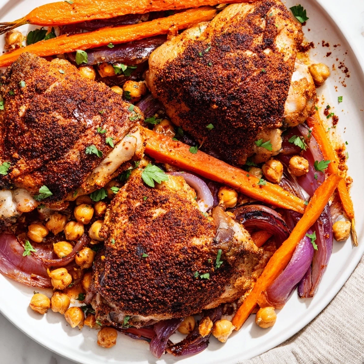 Juicy sumac chicken with roasted carrots and chickpeas garnished with fresh parsley