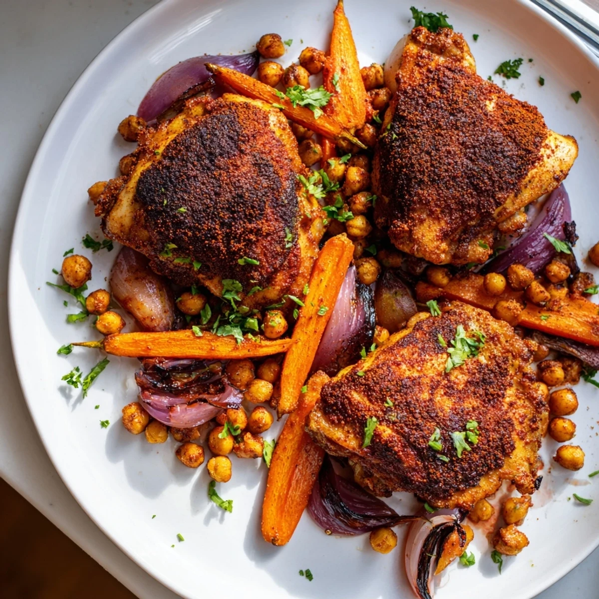 Tender sumac chicken thighs nestled alongside caramelized carrots and seasoned chickpeas