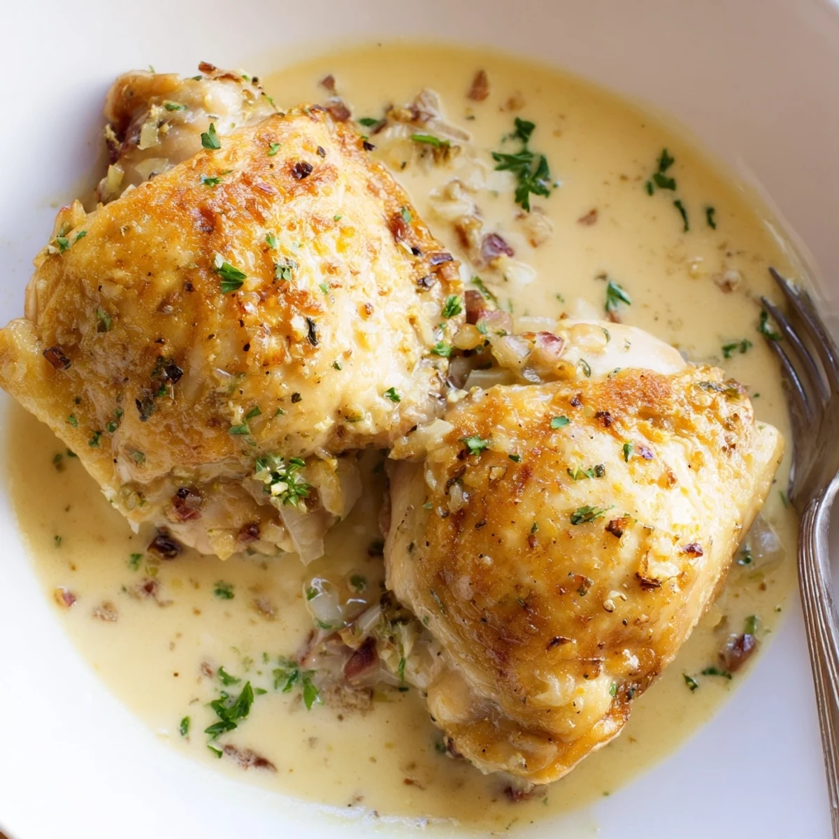 Golden creamy oven baked chicken thighs resting in a rich garlic herb sauce