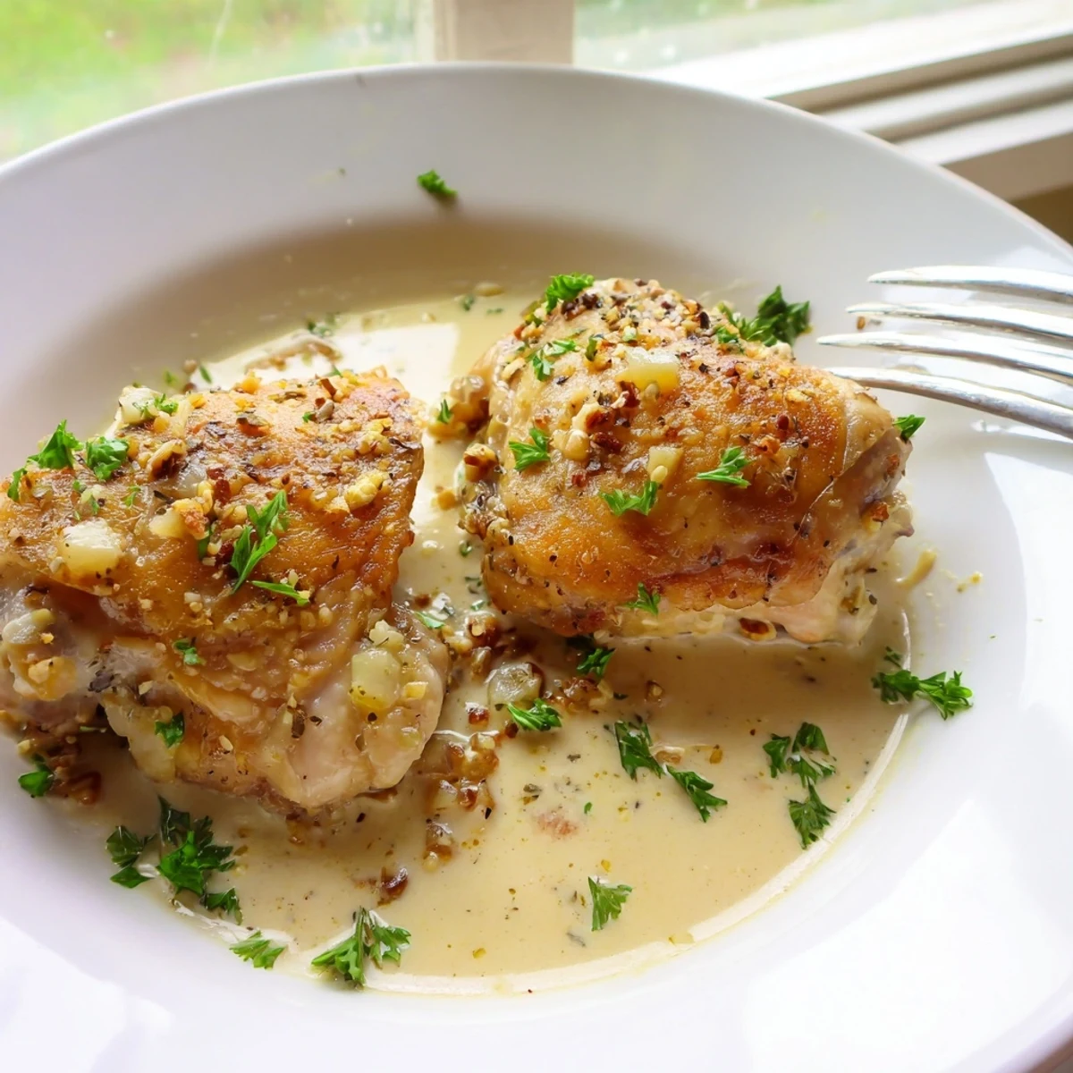 Succulent creamy oven baked chicken thighs drizzled with sauce and garnished with fresh parsley