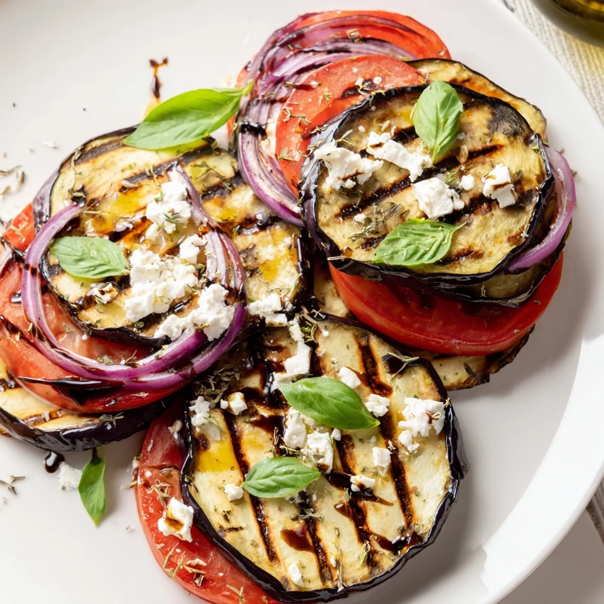 Smoky grilled tomato eggplant layered on a platter with crumbled feta and torn basil
